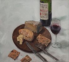 Friedel Anderson, Kaese, Brot u. Wein, OelLw, 45 x 50 cm